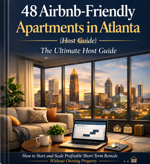 Book cover with a cityscape view and laptop on a table, titled '48 Airbnb-Friendly Apartments in Atlanta'.