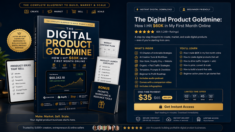 Promotional graphic for 'The Digital Product Goldmine' with book and digital product images.