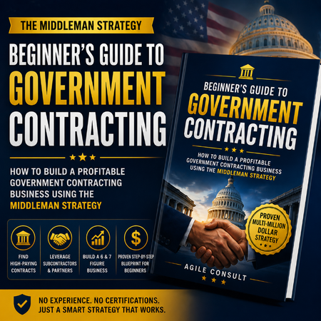 Book titled 'Beginner's Guide to Government Contracting' with a handshake illustration and U.S.